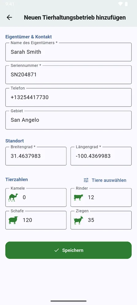 Tragen Sie Besitzer, Seriennummer, Telefon und Gebiet ein. Die Koordinaten beginnen bei Ihrer aktuellen Position; geben Sie andere ein, wenn Sie nicht vor Ort sind. Darunter stehen die Felder dieser Art: Tierzahlen beim Tierhaltungsbetrieb, die Herde beim Milchviehbetrieb, Ställe beim Geflügelbetrieb, Becken bei der Fischzucht, Völker bei der Imkerei. Tippen Sie auf Speichern.