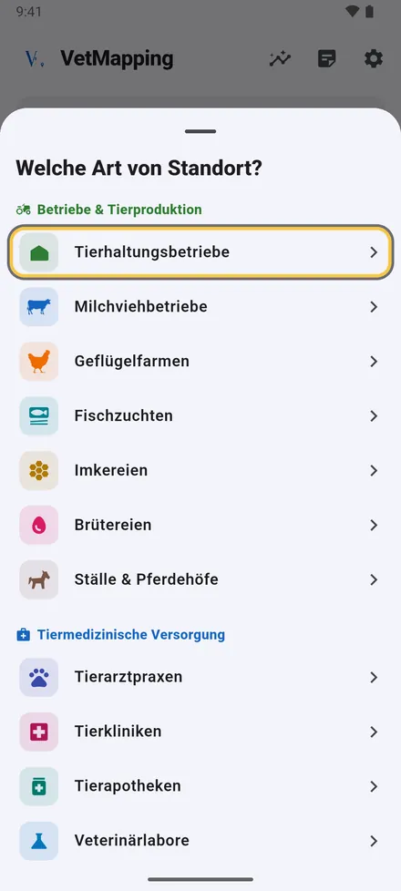 Tippen Sie unten auf dem Startbildschirm auf Standort hinzufügen und wählen Sie die Art des Standorts.