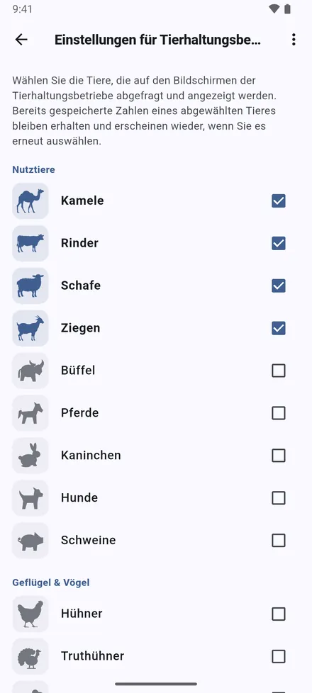 Einstellungen für Tierhaltungsbetriebe: Schalten Sie die Tiere ein, mit denen Sie arbeiten. Nur diese erscheinen in Formularen, Einträgen, Statistik und Excel-Spalten.
