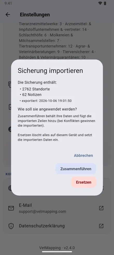 Daten exportieren (JSON) speichert alles in einer Datei; senden Sie sie sich selbst oder einem Kollegen. Daten importieren (JSON) fragt dann: Zusammenführen mit den vorhandenen Daten oder Ersetzen.