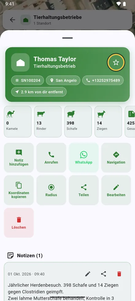 Besitzer, Seriennummer, Gebiet, Telefon und Entfernung zu Ihnen, dann die Tierzahlen. Der Stern oben fügt den Standort zu Markierte Standorte hinzu.