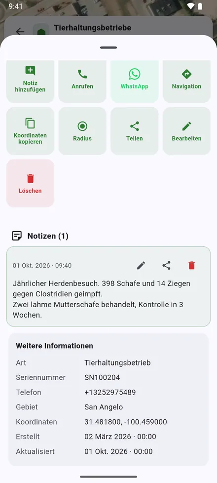 Weitere Informationen: Koordinaten, wann der Standort angelegt und geändert wurde, und zusätzliche Spalten aus Excel.