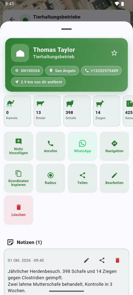 Die Knöpfe: Notiz hinzufügen, Anrufen, WhatsApp, Navigation, Koordinaten kopieren, Radius, Teilen, Bearbeiten und Löschen. Darunter die Besuchsnotizen.