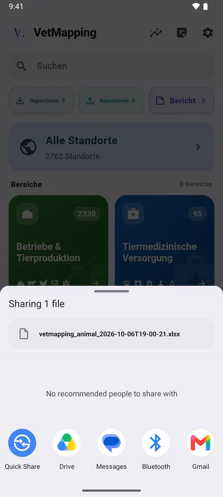 Senden Sie die Datei an WhatsApp, E-Mail oder Drive, oder speichern Sie sie.