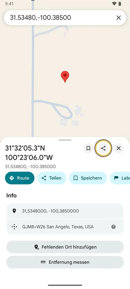 Öffnen Sie in Google Maps den Ort oder setzen Sie mit langem Drücken eine Nadel. Tippen Sie auf Teilen.