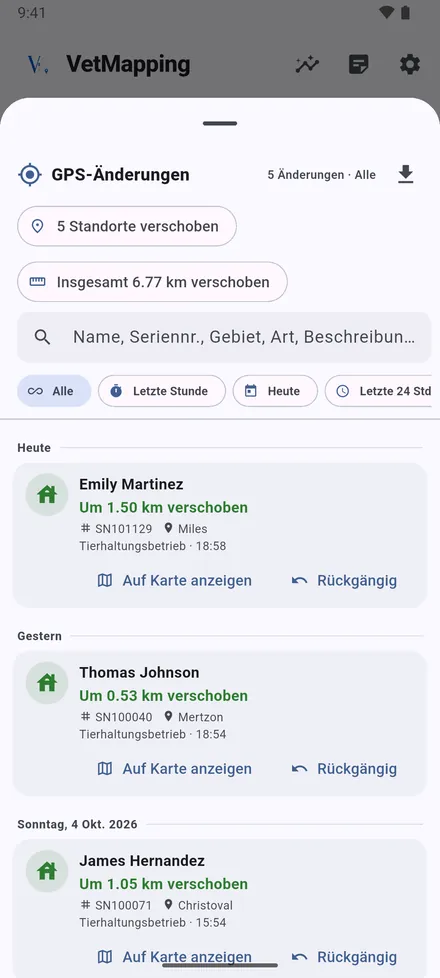 GPS-Änderungen speichert jede Verschiebung mit alter und neuer Position und der Entfernung. Öffnen Sie eine, um beide Punkte auf der Karte zu sehen oder sie rückgängig zu machen.
