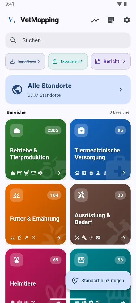 Oben: Statistik, Neueste Notizen und Einstellungen. Importieren, Exportieren und Bericht bringen Daten hinein und hinaus. Alle Standorte öffnet eine Karte mit allem, die acht Bereiche öffnen ihre eigenen Standorte.