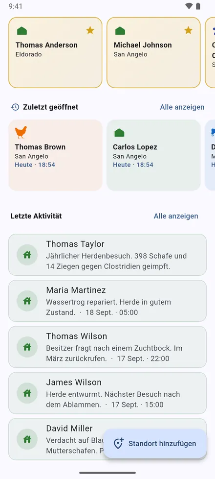 Ihre Markierte Standorte, die Liste Zuletzt geöffnet und Letzte Aktivität: die neuesten Besuchsnotizen.