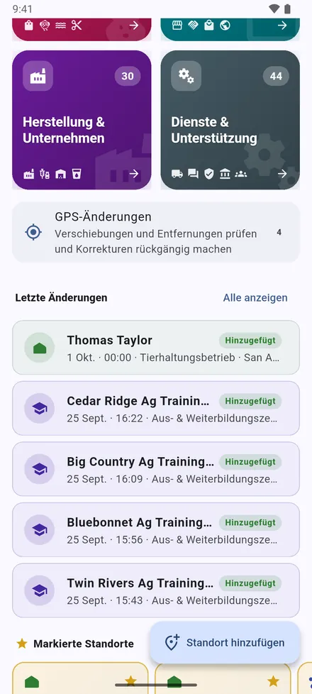 Unter den Bereichen: GPS-Änderungen, dann Letzte Änderungen: die zuletzt angelegten, verschobenen oder bearbeiteten Standorte.