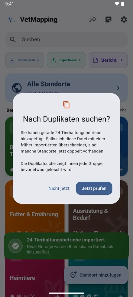 Überschneidet sich die Datei mit einem früheren Import, bietet VetMapping die Suche nach Duplikaten an.