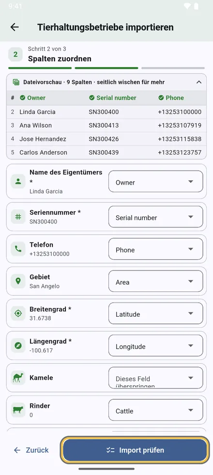 Jedes Feld wird einer Spalte Ihrer Datei zugeordnet. Englische und arabische Überschriften erkennt die App selbst; jede Zuordnung lässt sich ändern. Felder mit * sind Pflicht.