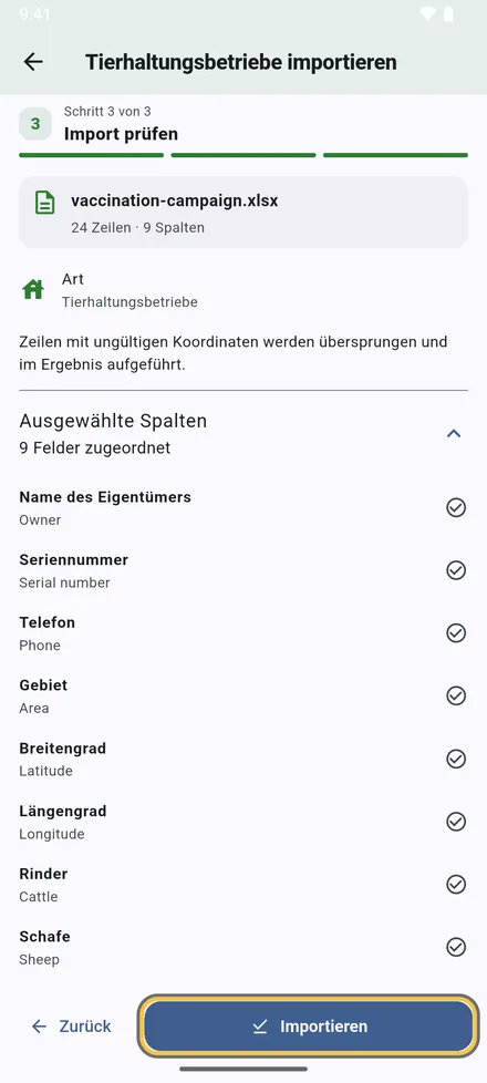 Prüfen Sie die Zusammenfassung und tippen Sie auf Importieren.