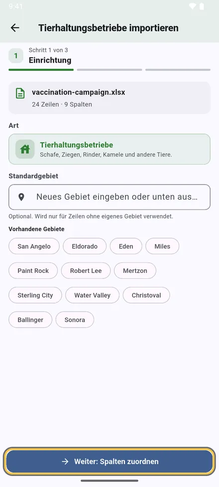 Wählen Sie ein Gebiet für Zeilen ohne Gebiet, oder behalten Sie das jeder Zeile.