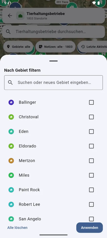 Nach Gebiet filtern zeigt nur die gewählten Gebiete. Die Auswahl gilt auf jeder Karte, bis Sie sie löschen.