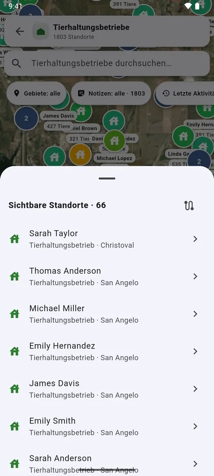 Sichtbare Standorte: die Standorte auf dem Bildschirm als Liste, und Route planen, um sie nacheinander zu besuchen.
