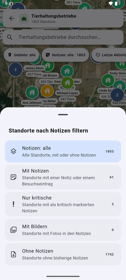 Der Notizfilter: Standorte mit Notizen, kritische, mit Fotos oder noch ohne Notiz.