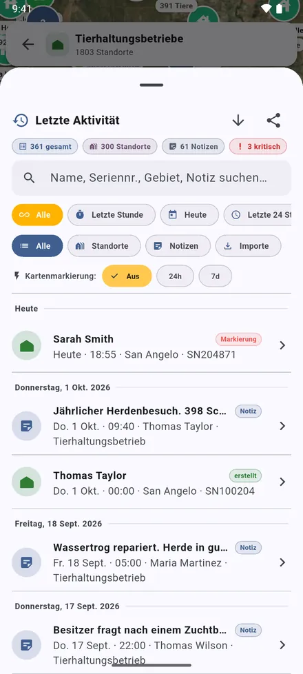 Letzte Aktivität: was angelegt, bearbeitet und notiert wurde, Tag für Tag. Ein Eintrag führt Sie hin.