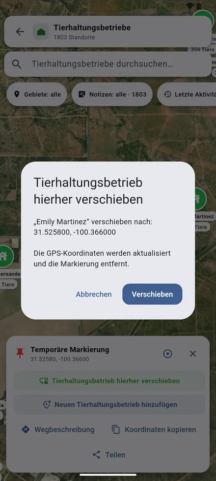 Mit Verschieben bestätigen. Der Standort erhält die neuen Koordinaten.