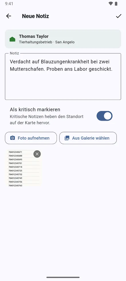 Notiz hinzufügen: Notieren Sie, was Sie getan und gesehen haben, und hängen Sie Fotos an mit Foto aufnehmen oder Aus Galerie wählen. Als kritisch markieren färbt den Standort auf der Karte rot.