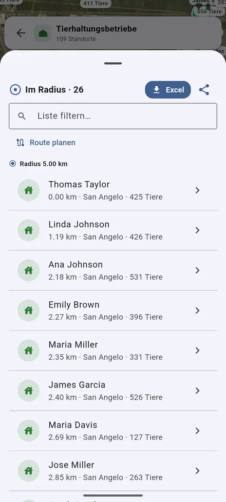 Liste: die Standorte im Radius, die nächsten zuerst, mit ihren Tierzahlen. Nach Excel exportieren, die Liste teilen oder eine Route planen.