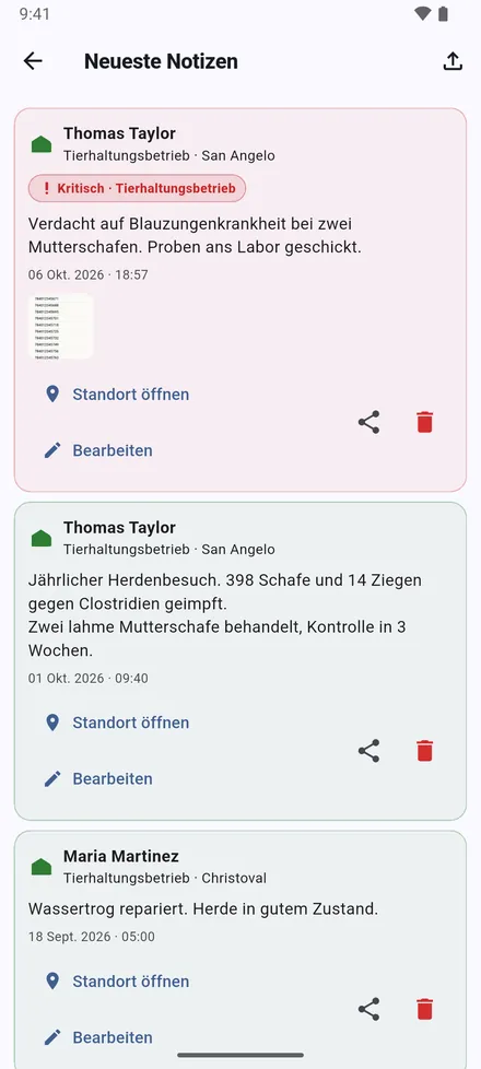 Neueste Notizen, der Notizknopf oben auf dem Startbildschirm, listet alle Notizen, die neuesten zuerst.