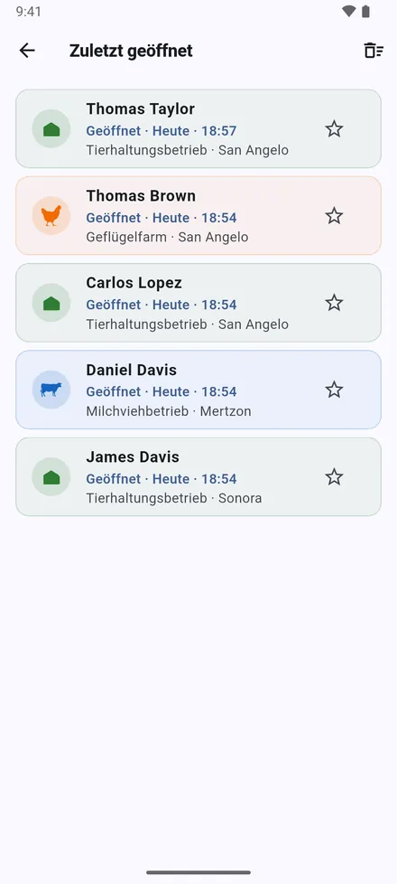Zuletzt geöffnet: die letzten 20 geöffneten Standorte, mit Datum und Uhrzeit.