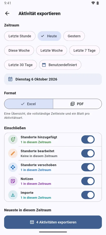 Tippen Sie auf dem Startbildschirm auf Bericht. Wählen Sie den Zeitraum, von der letzten Stunde bis zu den letzten 30 Tagen oder eigene Daten, und Excel oder PDF.