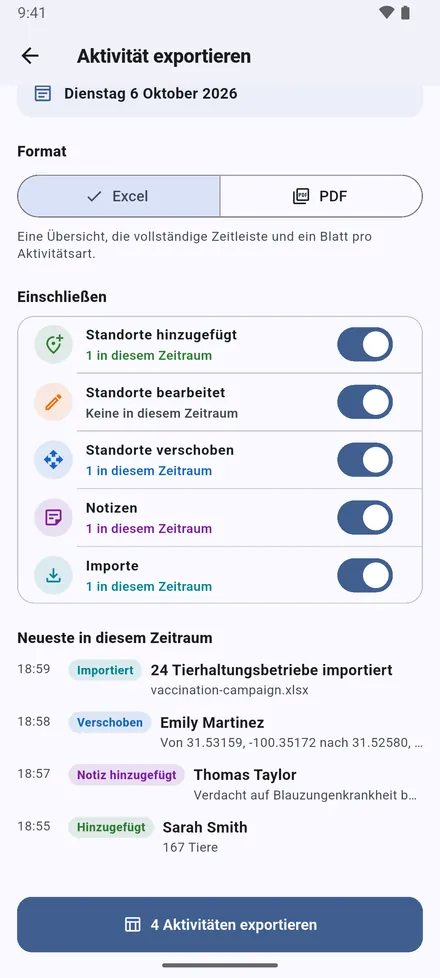 Wählen Sie, was hinein soll. Die neuesten Einträge sehen Sie vor dem Export.