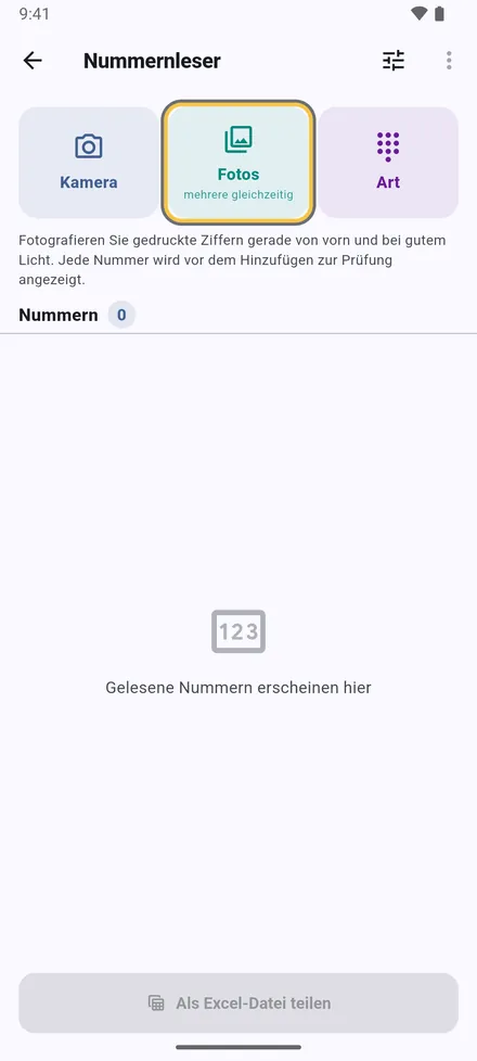 Einstellungen › Nummern mit der Kamera lesen. Machen Sie ein Foto oder wählen Sie mehrere Fotos auf einmal.