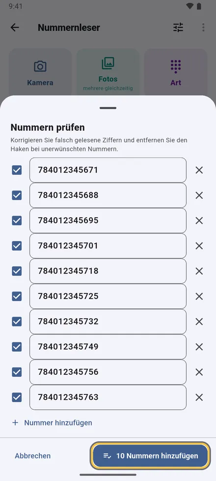 Prüfen Sie jede Nummer: Ziffer korrigieren, Unerwünschtes abwählen, Fehlendes ergänzen. Unsichere Lesungen und Wiederholungen sind markiert.