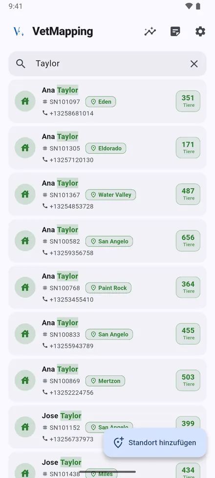 Die Suche findet jeden Standort nach Besitzer, Seriennummer, Telefon, Gebiet oder Notiz. Ein Treffer öffnet sich auf seiner Karte.