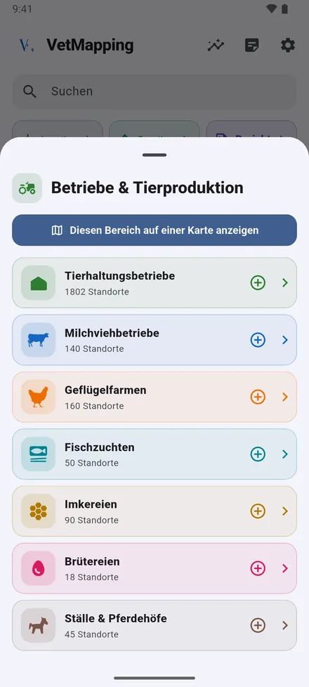 Tippen Sie auf einen Bereich: Sie sehen seine Standortarten und wie viele Sie von jeder haben. Eine Art öffnet ihre Karte, das Plus legt einen Standort dieser Art an.