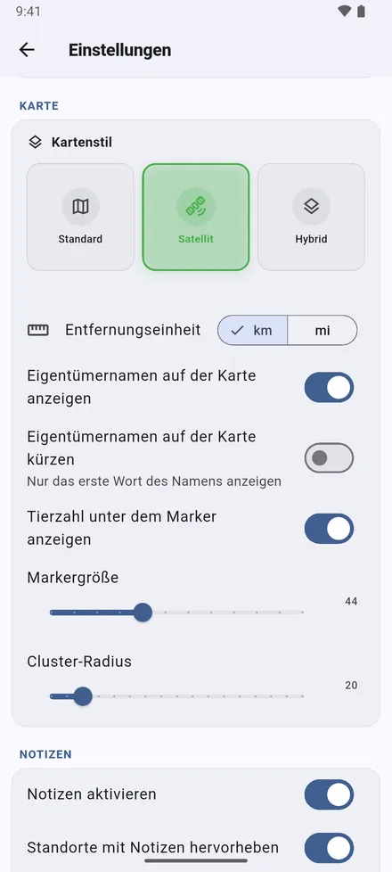 Die Karte: Kartenstil, km oder Meilen, Besitzernamen ganz oder nur der Vorname, Tierzahlen unter den Nadeln, Nadelgröße und wie leicht nahe Standorte zu einem Kreis verschmelzen.