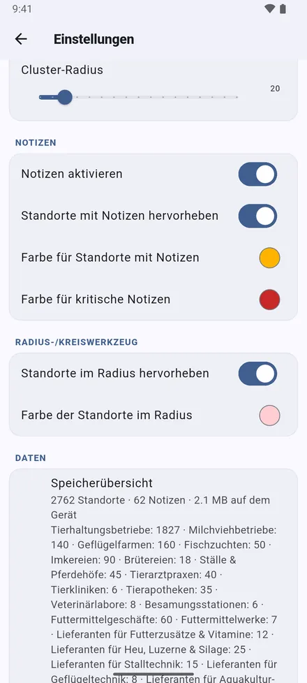 Notizen: Standorte mit Notizen einfärben, in Farben Ihrer Wahl für normale und kritische Notizen; die Farbe der Standorte im Radius; und eine Übersicht über alles Gespeicherte.