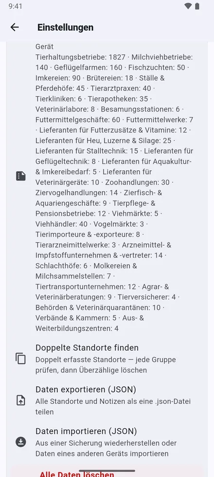 Ihre Daten: Doppelte Standorte finden, Daten exportieren (JSON), Daten importieren (JSON) und Alle Daten löschen.