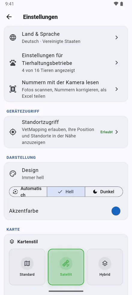 Land & Sprache, Einstellungen für Tierhaltungsbetriebe, Nummern mit der Kamera lesen und Standortzugriff. Dann das Aussehen: Design und Akzentfarbe.