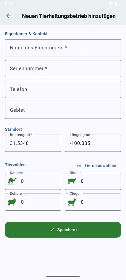 Das Formular öffnet sich mit eingetragenen Koordinaten. Ergänzen und auf Speichern tippen.