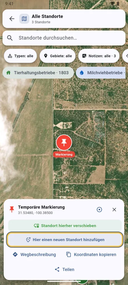 VetMapping öffnet sich am gesendeten Punkt mit den Standorten ringsum. Wählen Sie Hier einen neuen Standort hinzufügen oder Standort hierher verschieben, wenn der Standort schon an falscher Stelle in VetMapping steht.