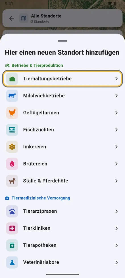 Zum Anlegen wählen Sie die Art des Standorts.