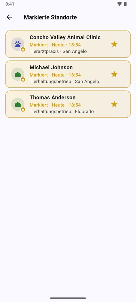 Markierte Standorte: die Standorte mit Stern. Auf der Karte erscheinen sie in Gold.