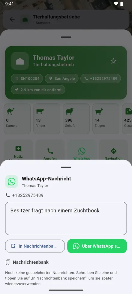 WhatsApp schreibt dem Besitzer. Häufige Nachrichten speichern Sie in der Nachrichtenbank.