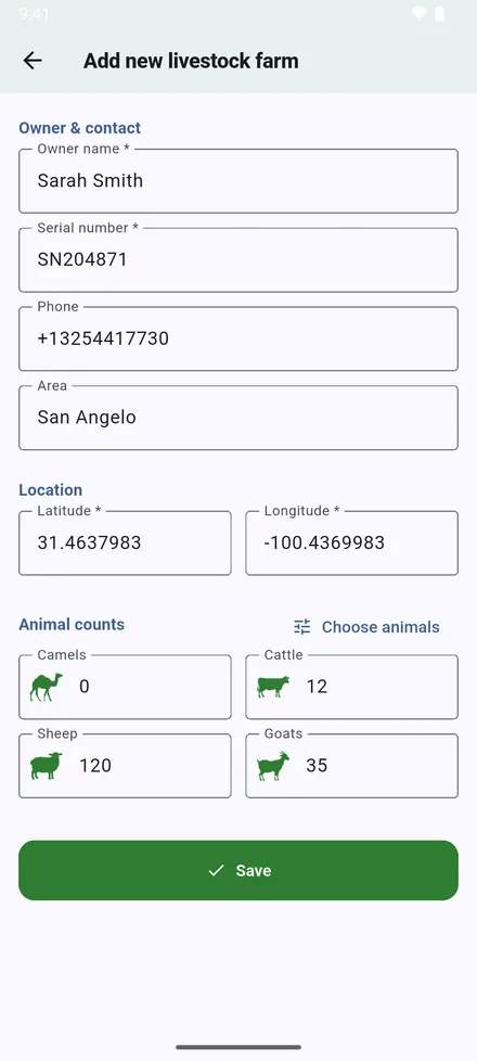 Fill in the owner, serial number, phone and area. The coordinates start at your current position; type others if you are not at the site. Below them are the fields of that kind of site: head counts for a livestock farm, the herd for a dairy, houses for a poultry farm, tanks for a fish farm, hives for an apiary. Tap Save.
