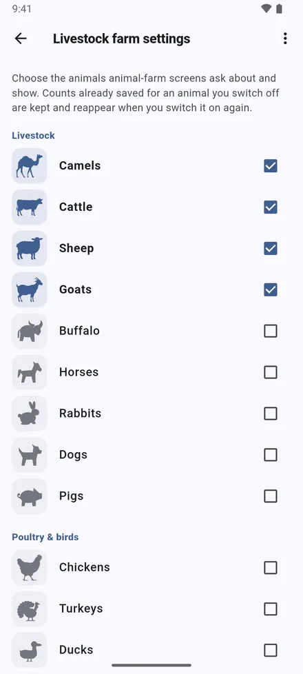 Livestock farm settings: switch on the animals you work with. Only those appear in forms, records, statistics and Excel columns.