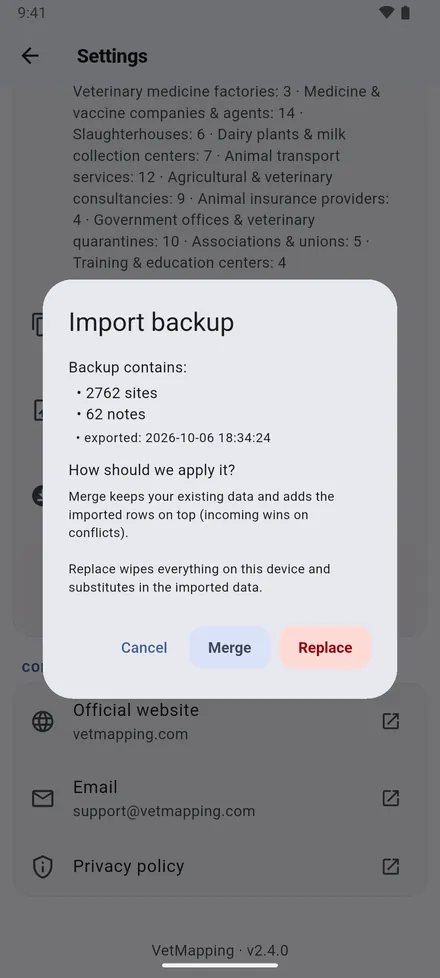 Export data (JSON) saves everything in one file; send it to yourself or a colleague. Import data (JSON) then asks: Merge it with the data already there, or Replace it.