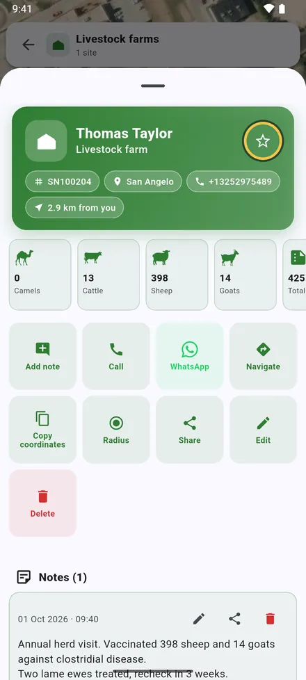 The owner, serial number, area, phone and distance from you, then the head counts. The star at the top adds the site to Starred sites.