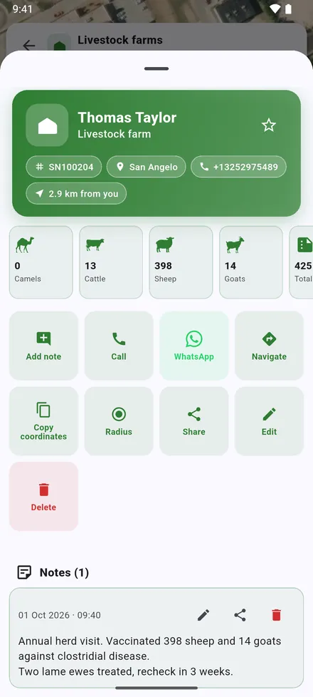 The buttons: Add note, Call, WhatsApp, Navigate, Copy coordinates, Radius, Share, Edit and Delete. Below them, the visit notes.