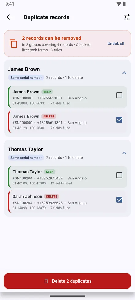 Sites with the same serial number, the same phone, the same owner in the same area, or the same spot are grouped. Look at each group and keep the right one. Also in Settings › Find duplicate locations.