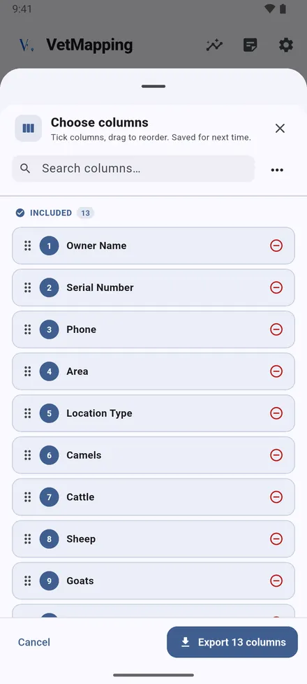 Tap Export, choose the kind of site, then the columns. Drag them into the order you want; your choice is remembered.