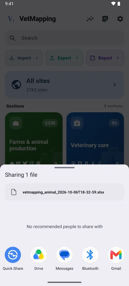 Send the file to WhatsApp, email or Drive, or save it.