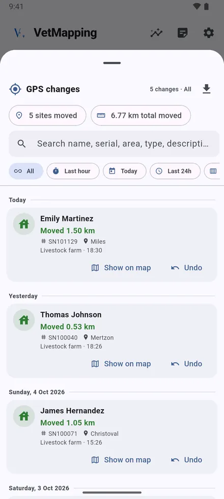GPS changes keeps every move, with the old and new position and the distance. Open one to see both on a map, or to undo it.